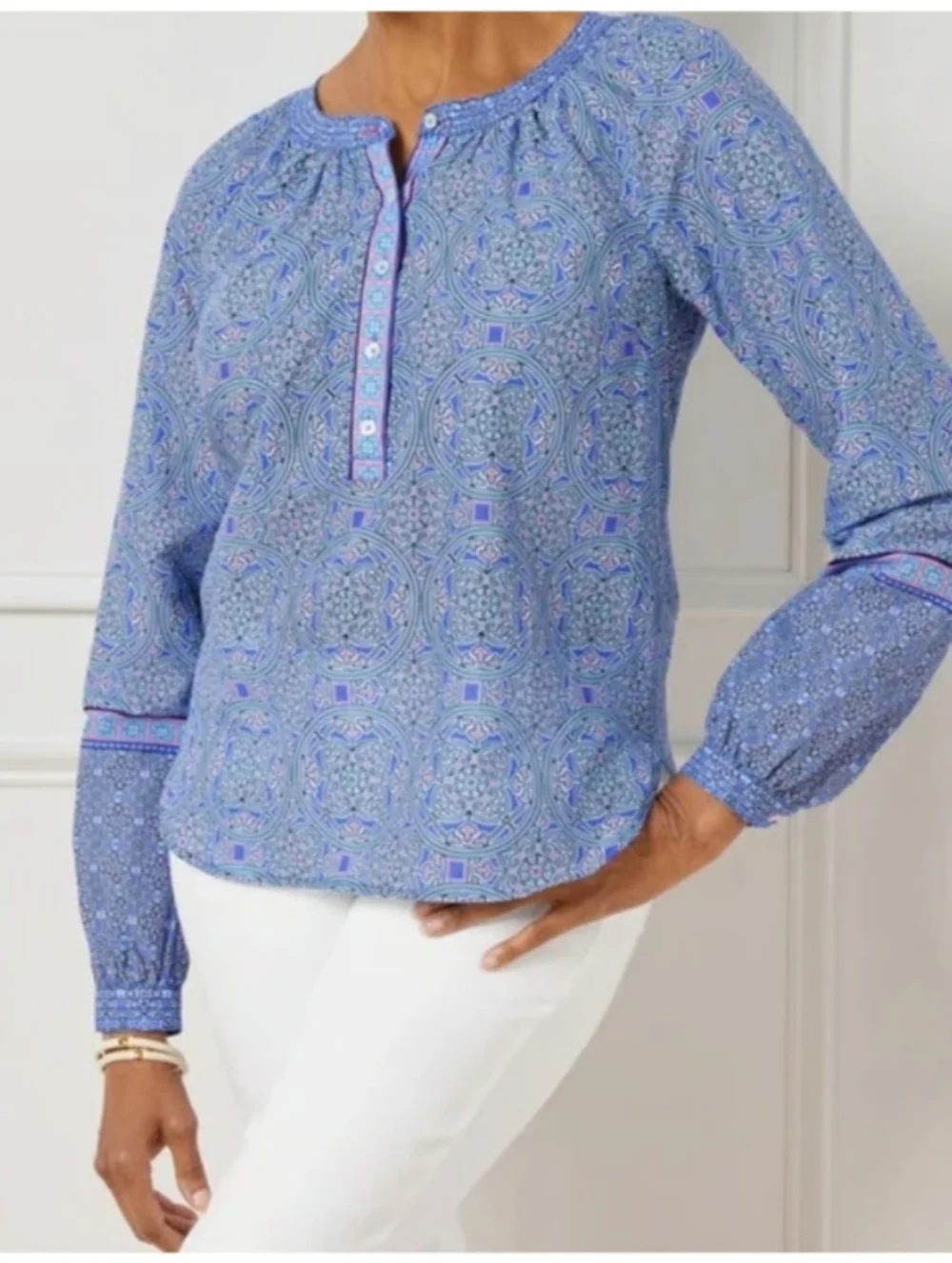 Talbots Stained Glass Medallion Band Collar Popover Blouse Blue/Pink Women's P